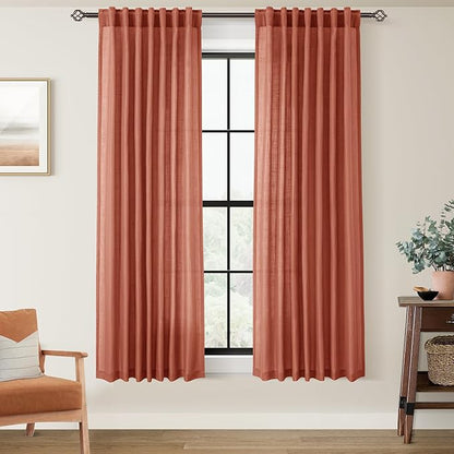 63 inch Linen Terracotta Curtains 2 Panels for Living Room Back Tab Light Filtering Semi Sheer Rust Colored Curtains 63 inches Long Soft Thick Cotton Cloth Textured Rustic Boho Farmhouse Room Decor