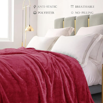Exclusivo Mezcla Plush Fuzzy Fleece Bed Blanket Queen Size, Super Soft, Fluffy and Warm Blankets for Couch, Bed, All Season (Deep Red, 90x90 inches)