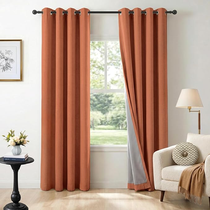 100% Blackout Shield Linen Blackout Curtains for Bedroom, Orange Grommet Curtains for Living Room, Thermal Insulated Room Darkening Drapes for Nursery, Boho Home Decor, 50" W x 96" L, 2 Panels