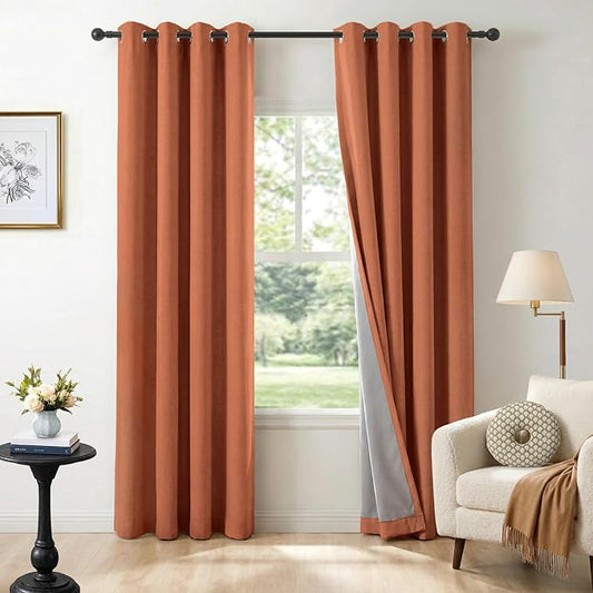 100% Blackout Shield Linen Blackout Curtains for Bedroom, Orange Grommet Curtains for Living Room, Thermal Insulated Room Darkening Drapes for Nursery, Boho Home Decor, 50" W x 102" L, 2 Panels