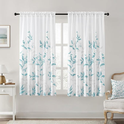 HOMEIDEAS Non-See-Through Teal and White Privacy Sheer Curtains 52 X 63 Inch Length 2 Panels, Leaf Floral Printed Light Filtering Semi Sheer Window Curtains Drapes for Bedroom Living Room