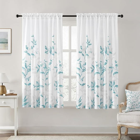 HOMEIDEAS Non-See-Through Teal and White Privacy Sheer Curtains 52 X 63 Inch Length 2 Panels, Leaf Floral Printed Light Filtering Semi Sheer Window Curtains Drapes for Bedroom Living Room