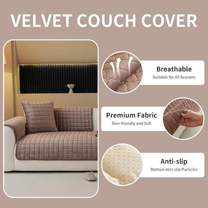 Velvet Couch Cover, Plush Sectional Sofa Cover Washable, Anti Slip Sofa Slipcover for Armrest & Backrest, Furniture Protector Covers for Pets & Kids(1PC, Dark Brown, 35.4"×35.4")