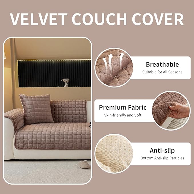 Velvet Couch Cover, Plush Sectional Sofa Cover Washable, Anti Slip Sofa Slipcover for Loveseat, Furniture Protector Covers for Pets & Kids(1PC, Dark Brown, 35.4"×47.2", Loveseat)