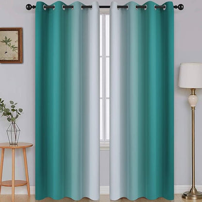 SimpleHome Ombre Room Darkening Curtains for Living Room, Light Blocking Gradient Teal to Greyish White Thermal Insulated Grommet Window Curtains/Drapes for Bedroom, 2 Panels, 52x84 inches Length