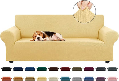 KEKUOU Stretch Sofa Cover Slipcover ，Couch Covers for 3 Cushion Couch Sofa pet Friendly (78"-94") Furniture Protector Sofa with Elastic Bottom for Kids,Dog, Jacquard Small Checked(Large,Champagne)