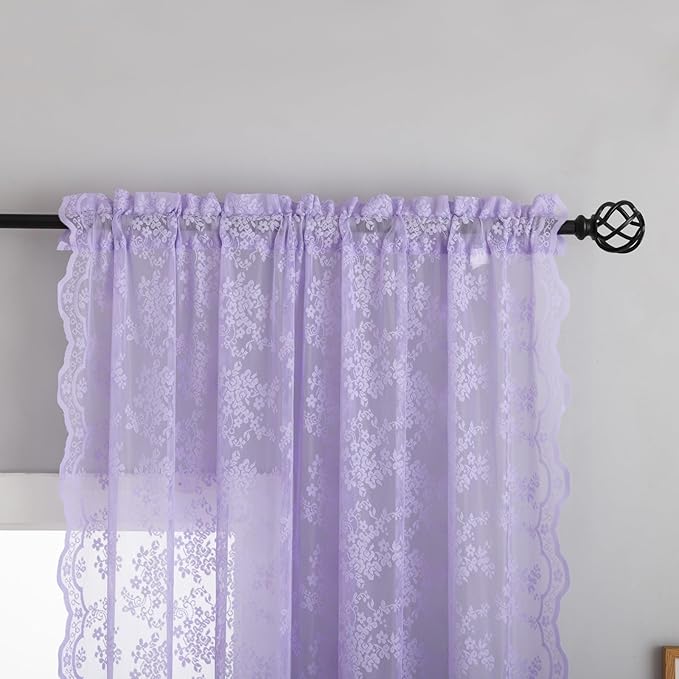 YJ YANJUN Vintage Lace Curtains 63 Inch Length-Victorian Floral Pattern Lavender Sheer Curtain Panels for Living Room Bedroom,Light Filtering, Romantic Girly Drapes 2 Panels 52W x 63L Light Purpel