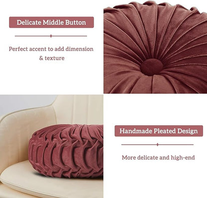 HIG Set of 2 Decorative Round Pleated Throw Pillows,Classy Accent Pumpkin Throw Pillows with Center Button,Vintage Velvet Floor Pillows for Sofa Vanity Chair Bed,Dusty Rose,14.5" Diameter(Ripple)