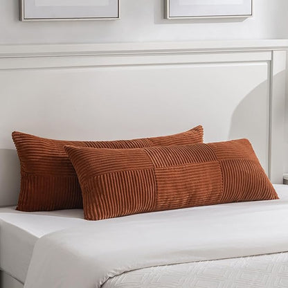 Fancy Homi Set of 2 Rust Boho Long Lumbar Body Decorative Throw Pillow Cover 14x36 Inch for Bed Couch Bedroom Bench, Soft Patchwork Corduroy Textured Pillow Case, Rustic Farmhouse Room Décor