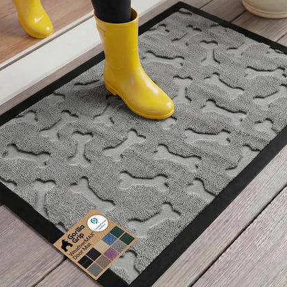 GORILLA GRIP 100% Waterproof All-Season WeatherMAX Doormat 35x23, US Designed Natural Rubber, Stain and Fade Resistant, Low Profile Indoor Outdoor Door Mats, Easy Clean Patio Mat, Light Gray Bones