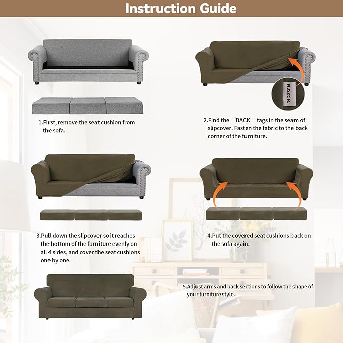 WEERRW 4 Pieces Velvet High Stretch Couch Covers for 3 Cushion Couch Sofa Slipcovers, Washable Furniture Protector with Non Slip Elastic Bottom, Feature Soft and Thick Plush Fabric, Light Brown, Large