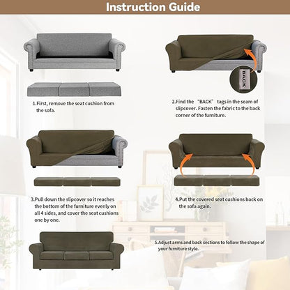 WEERRW 4 Pieces Velvet High Stretch Couch Covers for 3 Cushion Couch Sofa Slipcovers, Washable Furniture Protector with Non Slip Elastic Bottom, Feature Soft and Thick Plush Fabric, Light Brown, Large