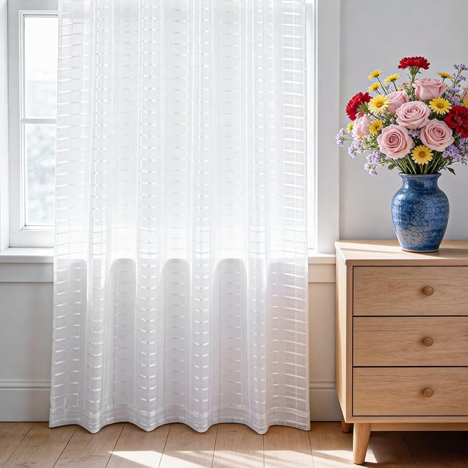 SpaceDresser Check Sheer Curtains 45 Inches Long for Living Room, Rod Pocket Plaid Semi Sheer Drapes for Kitchen Bedroom（White, 52W x 45L）