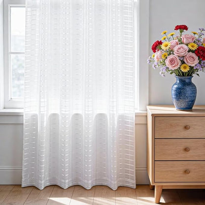SpaceDresser Check Sheer Curtains 84 Inches Long for Living Room, Rod Pocket Plaid Semi Sheer Drapes for Kitchen Bedroom（White, 52W x 84L）