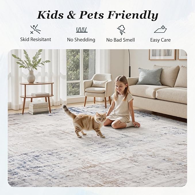 4 x 6 Area Rugs for Living Room, Machine Washable Non Slip Rug Ultra Soft Low Pile Indoor Carpet Modern Abstract Rugs for Bedroom Office Room Dining Room Beside, Blue/Grey