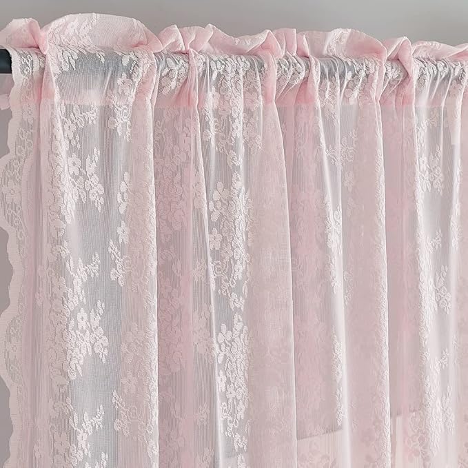 YJ YANJUN Vintage Lace Curtains 96 Inches Long 2 Panels Set Elegant Chic Floral Pink Sheer Curtain Panles for Girls Baby Living Room Bedroom Girly Preppy Room Decor Light Filtering 52" W x 96" L