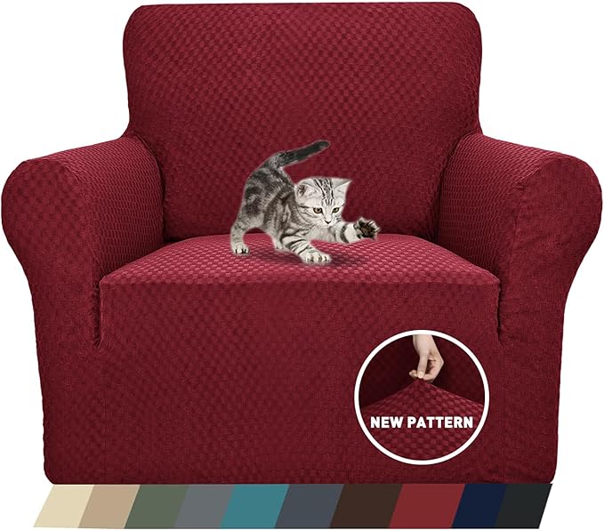 ZNSAYOTX 1 Piece Jacquard Chair Slipcovers for Living Room High Stretch Chair Covers with Arms Anti Slip Pets Friendly Couch Sofa Armchair Cover Furniture Protector (Chair, Wine Red)