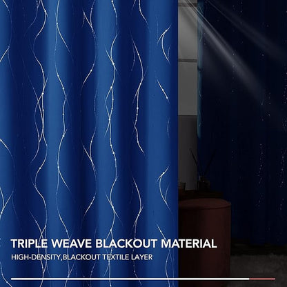 Deconovo Blackout Curtains, 52 x 54 Inch Drapes for Kitchen with Wave Dots Silver Print, Soundproof Thermal Insulated Window Curtain for Small Windows Nursery, Set of 2, Machine Washable, Royal Blue