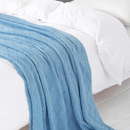 BOURINA Blue Throw Blanket 50x60 Inches Throw Textured Solid Soft Sofa Couch Decorative Knit Blanket