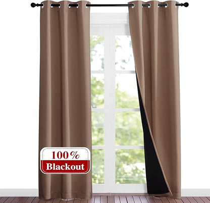 NICETOWN Living Room Completely Shaded Draperies, Privacy Protection & Noise Reducing Ring Top Drapes, Black Lined Insulated Window Treatment Curtain Panels(Cappuccino, 2 Pieces, W37 x L84)