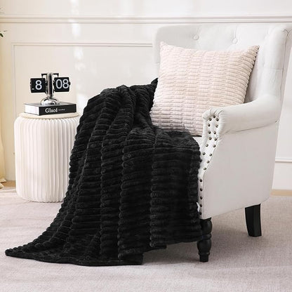 Black Fleece Throw Blanket 60”×80” for Couch Sofa Bed,Super Soft Cozy Plush Microfiber Flannel Blanket with Stripes Design Lightweight for Adults,Woman,Girls