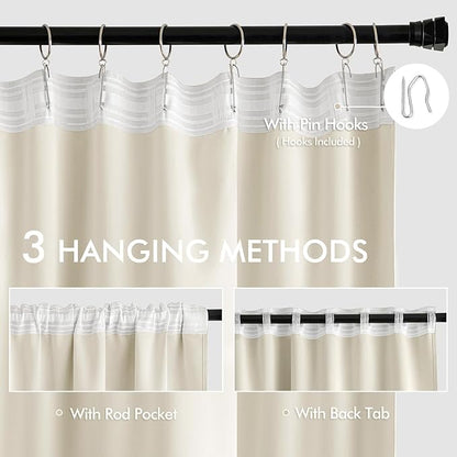 MIULEE Beige White Back Tab Blackout Curtains 63 Inch Length 2 Panels Set for Living Room Bedroom Privacy, Rod Pocket/Pinch Pleat Thermal Insulated Room Darkening Pleated Light Blocking Drapes