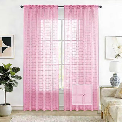 SpaceDresser Check Sheer Curtains 84 Inches 2 Panels Set, Rod Pocket Plaid Window Curtain for Living Room, Pink Semi Sheer Drapes for Kitchen Bedroom Children Room Yard（Pink, 52W x 84L）