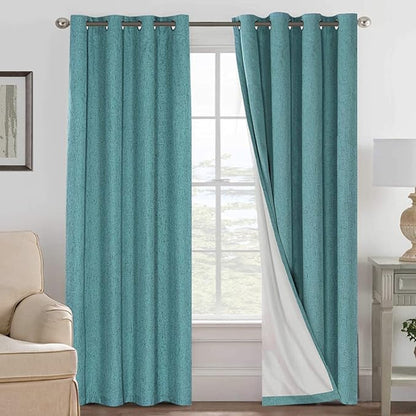 H.VERSAILTEX Linen Blackout Curtains 96 Inches Long 100% Absolutely Blackout Thermal Insulated Textured Linen Look Curtain Draperies Anti-Rust Grommet, Energy Saving with White Liner, 2 Panels, Teal