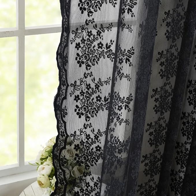 YJ YANJUN Vintage Lace Curtains 84 Inches Long-Victorian Floral Pattern Black Sheer Curtain Panels for Living Room Bedroom,Light Filtering, Gothic Witchy Halloween Drapes 2 Panels 52W x 84L