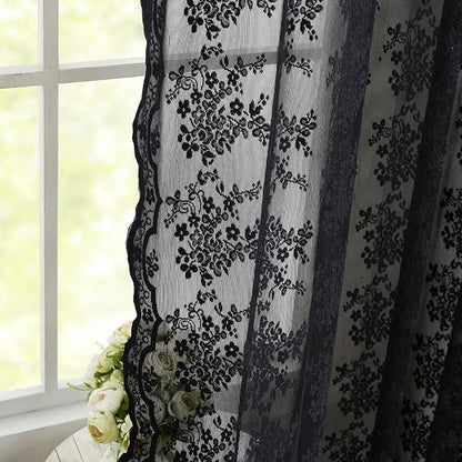 YJ YANJUN Vintage Lace Curtains 84 Inches Long-Victorian Floral Pattern Black Sheer Curtain Panels for Living Room Bedroom,Light Filtering, Gothic Witchy Halloween Drapes 2 Panels 52W x 84L