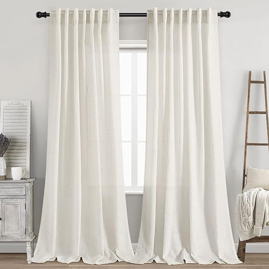 2 Panels Set Cream Linen Curtains 95 inches Long for Living Room Extra Long Back Tab Curtains Neutral Farmhouse Light Filtering Semi Sheer Linen Drapes Ceiling to Floor for Large Window Ivory