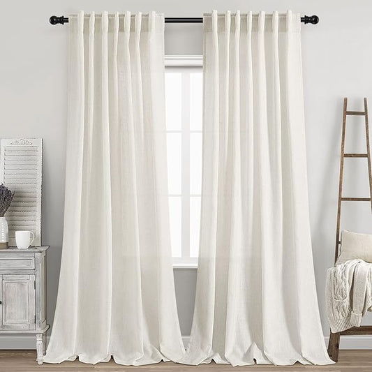 Nanspring Semi Sheer Linen Curtains 90 Inches Long for Living Room 2 Panels Set Back Tab Rod Pocket Cream Tall Vertical Curtains Light Filter Privacy Curtain Drapes for Bedroom Aesthetic 60x90