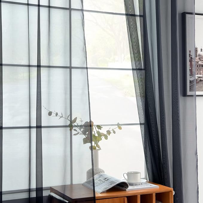 youleyar Solid Sheer Rod Pocket Curtain Voile Draperies 2 Panels White Beige Black Grey Coffee 52 Inch Width 54 Inch Long 1 Pair for Kitchen Bedroom Children Living Room Yard(Charcoal Grey,52Wｘ54L)