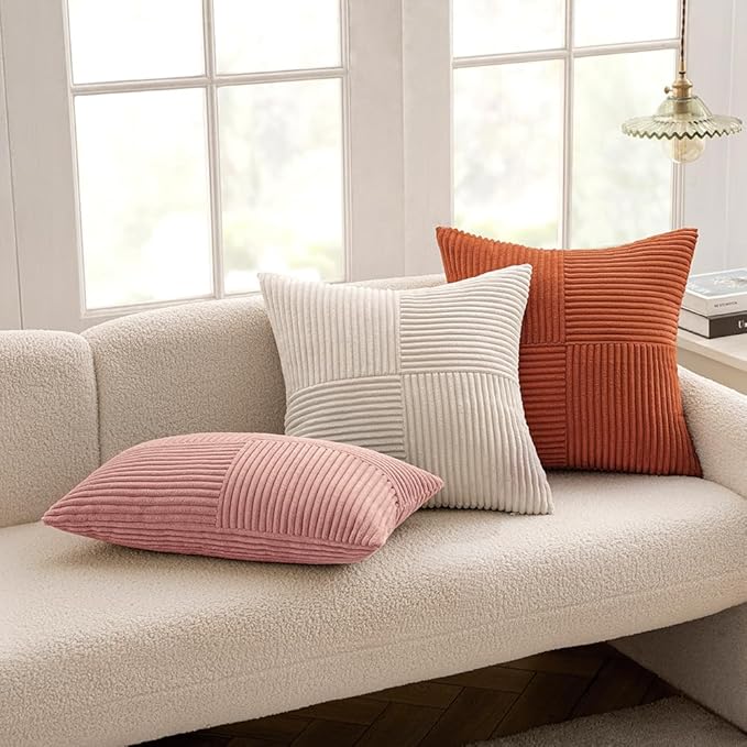 MIULEE Beige Decorative Throw Pillow Covers 18x18 Inch for Couch Bed Sofa Pack of 2 Boho Neutral Farmhouse Throw Pillows Soft Cross Corduroy Patchwork Textured Cushion Cases