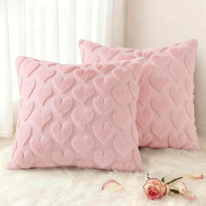 decorUhome Valentine’s Day Soft Plush Throw Pillow Covers 20x20 Inch Set of 2, Faux Fur Pink Heart Decoration Neutral Square Pillow Covers for Couch Sofa Bed Cozy Farmhouse Holiday Decor