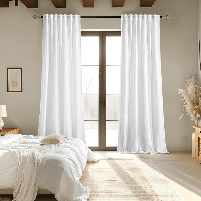 MIULEE White Linen Curtains 102 Inch Long 2 Panels for Bedroom Living Room, Soft Thick Linen Textured Back Tab Window Drapes Semi Sheer Light Filtering Rod Pocket Modern Farmhouse Decor