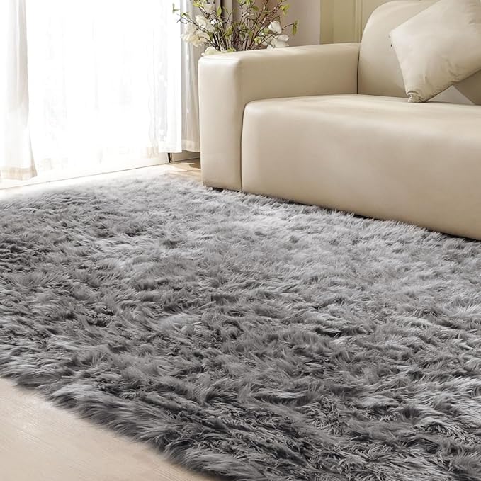 ORINOVA Gray Furry 5x7 Area Rugs for Bedrooms Faux Sheepskin Fur Rug Washable Carpet for Living Room Shag Nursery Rug