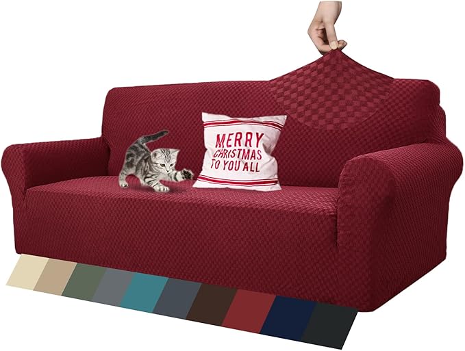 ZNSAYOTX 1 Piece Jacquard Couch Covers for 3 Cushion Couch High Stretch Sofa Cover for Pets Dogs Anti Slip Extra Large Sofa Slipcovers Furniture Protector (XL Sofa, Wine Red)