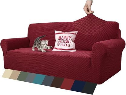 ZNSAYOTX 1 Piece Jacquard Couch Covers for 3 Cushion Couch High Stretch Sofa Cover for Pets Dogs Anti Slip Extra Large Sofa Slipcovers Furniture Protector (XL Sofa, Wine Red)