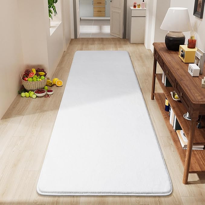 Amearea Modern Soft 2x6 Runner Rug for Hallway, White Fluffy Rug Bedroom Bedside Rugs, Non Slip Washable Memory Foam Carpet for Entrance Kitchen Living Room Decor