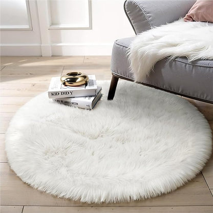 White Fluffy Round Fur Area Rug for Bedroom, Circle Faux Fur Rugs for Kids Room, Cute Fuzzy Nursery, Shaggy Circular Rugs Floor Carpets for Teens Girls Rooms Home Decor, 4 x 4 Feet
