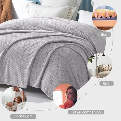 Exclusivo Mezcla Fleece King Size Blanket for Bed, 90x104 Inches Soft Cozy Jacquard Flannel Blankets, Lightweight Fuzzy Plush Warm for Women, Light Grey