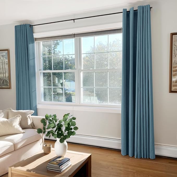 100% Blackout Shield Linen Blackout Curtains for Bedroom, Stone Blue Grommet Curtains for Living Room, Thermal Insulated Room Darkening Drapes for Nursery, Boho Home Decor, 50" W x 84" L, 2 Panels
