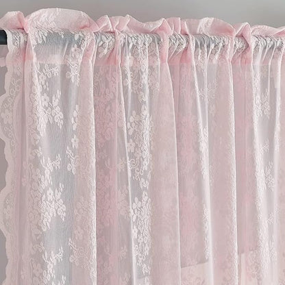 YJ YANJUN Vintage Lace Curtains 108 inches Long 2 Panels Cute Floral Pink Sheer Curtains for Sliding Door Backdrops Romantic Pricess Baby Girl Room Decor Light Filtering 52 x 108 Inch Light Pink