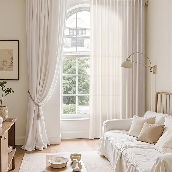 Ivory White Linen Curtains 108 Inches Long Back Tab Pocket Modern Farmhouse Linen Light Filtering Curtain Extra Long Semi Sheer Curtain Drapes for Living Room Bedroom 9Ft 52X108,2 Panels