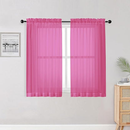 OWENIE Hot Pink Kitchen Sheer Curtains for Bedroom Living Room 45 Inch Length, Bedroom, Soft Solid Light Filtering Voile Short Sheer Curtain for Small Window, 42" W x 45" L, Hot Pink