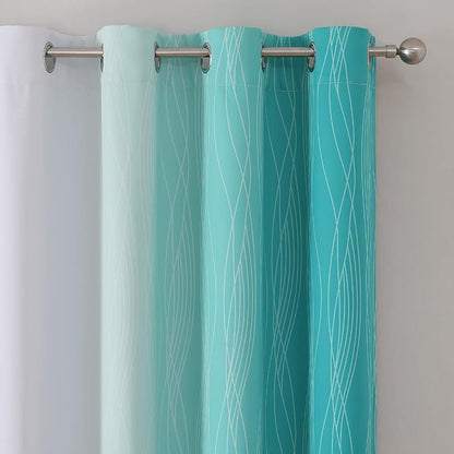 Estelar Textiler Teal and Greyish White Blackout Curtains 63 Inches Long, Room Darkening Grommet Curtains for Bedroom, Thermal Insulated Ombre Blackout Drapes for Living Room, 52Wx63L, 2 Panels