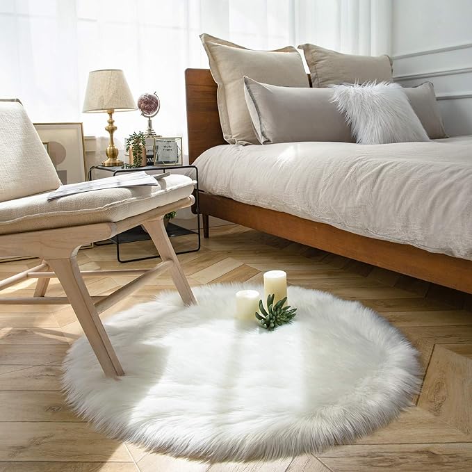 Ashler Faux Fur Rug - Fluffy Shaggy Area Rug, Ultra Soft 3 x 3 Feet Round, White Fuzzy Machine Washable Shag, Nursery Decor Throw for Bedroom, Kids Room, Living Room