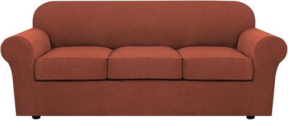H.VERSAILTEX 4 Piece Stretch Sofa Covers for 3 Cushion Couch Covers for Living Room Furniture Slipcovers (Base Cover Plus 3 Seat Cushion Covers) Upgraded Thicker Jacquard Fabric (Sofa, Rust)