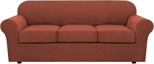 H.VERSAILTEX 4 Piece Stretch Sofa Covers for 3 Cushion Couch Covers for Living Room Furniture Slipcovers (Base Cover Plus 3 Seat Cushion Covers) Upgraded Thicker Jacquard Fabric (Sofa, Rust)